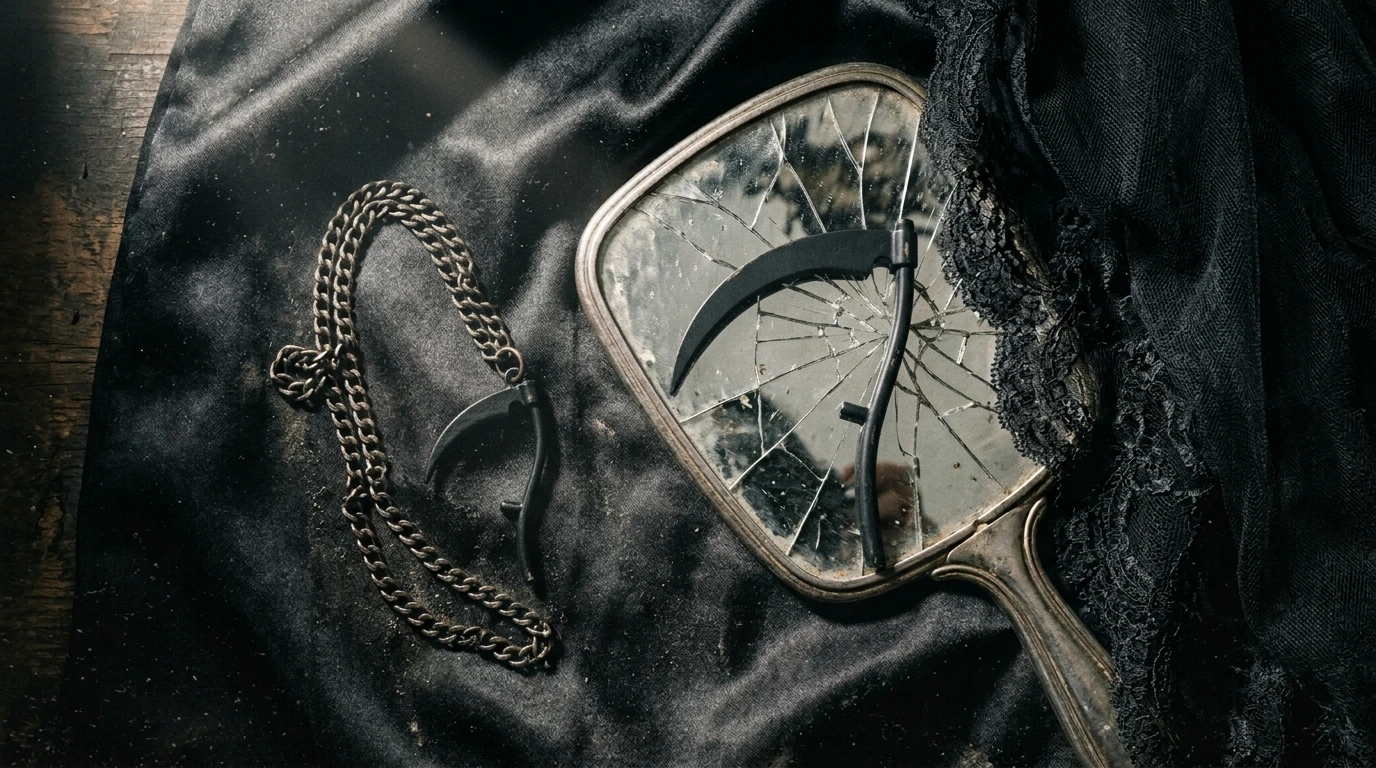 Scythe symbolism in modern storytelling captured as a scythe pendant cutting across a cracked mirror under harsh light
