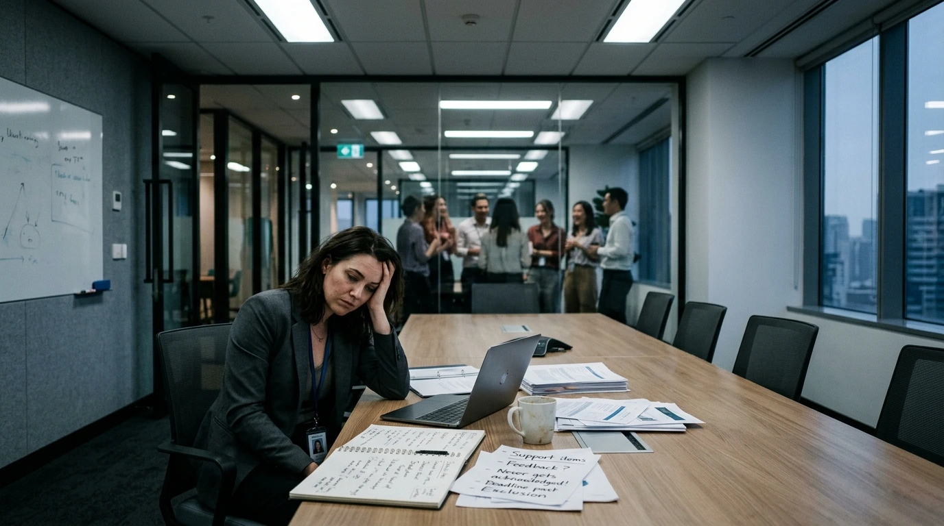 Betrayal by coworker you supported shown in an empty office after a toxic meeting