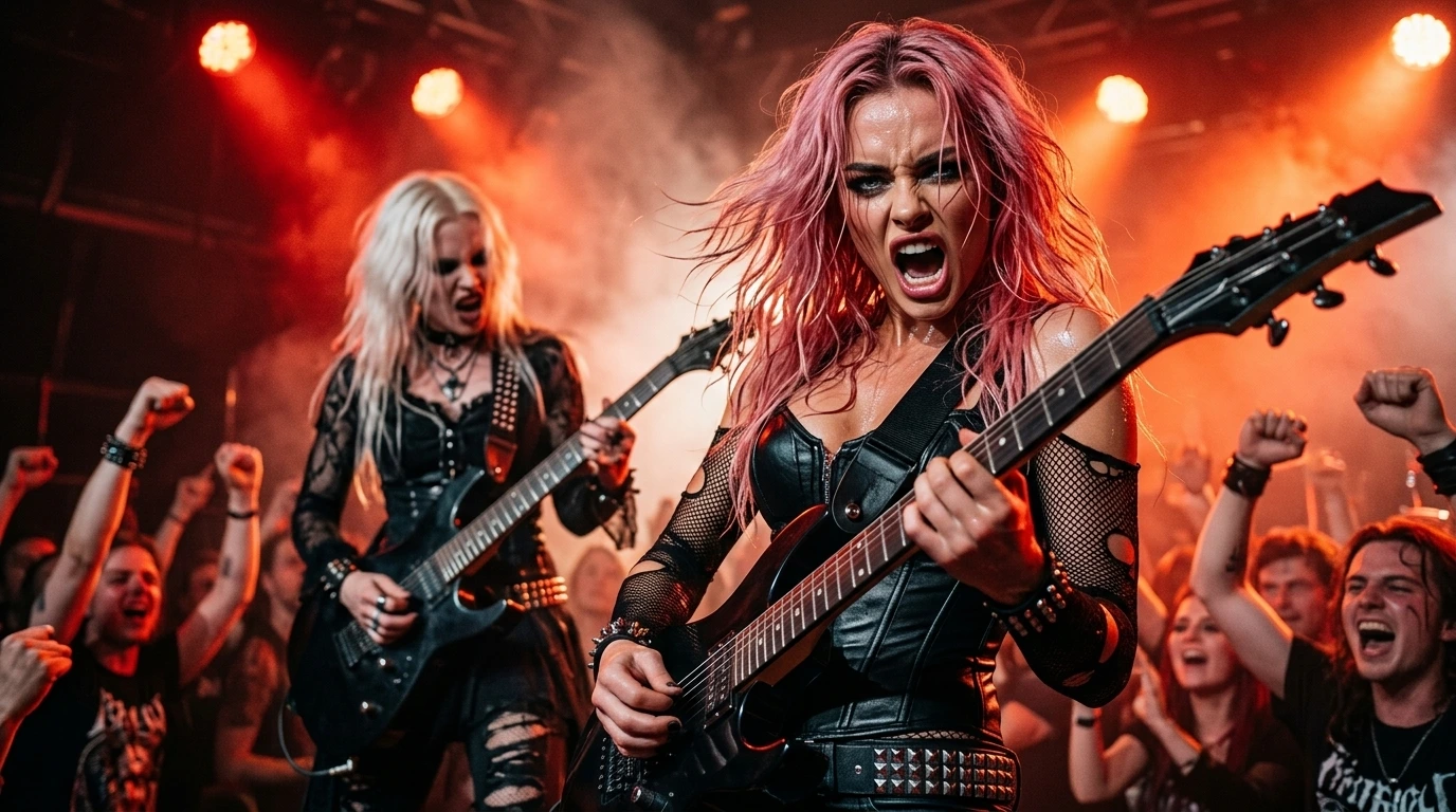 Seraphina fire guitar and healing collide on stage, where Venomous Sin’s music empowers through raw intensity