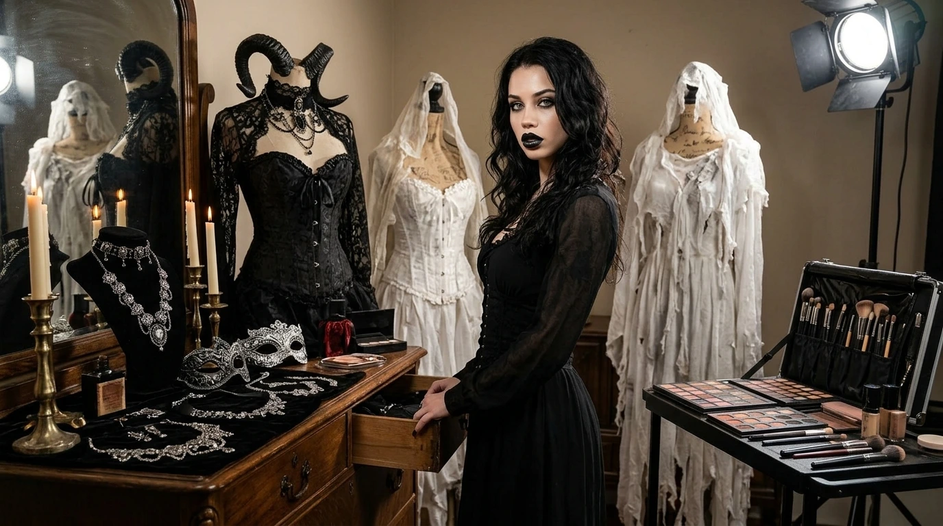 Cosplay demon ghost transformation ritual and gothic enchantress performance preparation