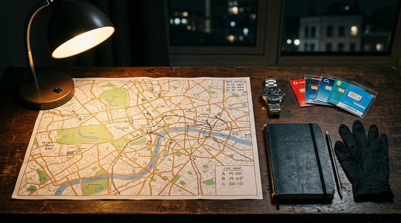 Data gathering for targeted retribution depicted through annotated maps, prepaid SIMs, analog watch, and handwritten surveillance notes
