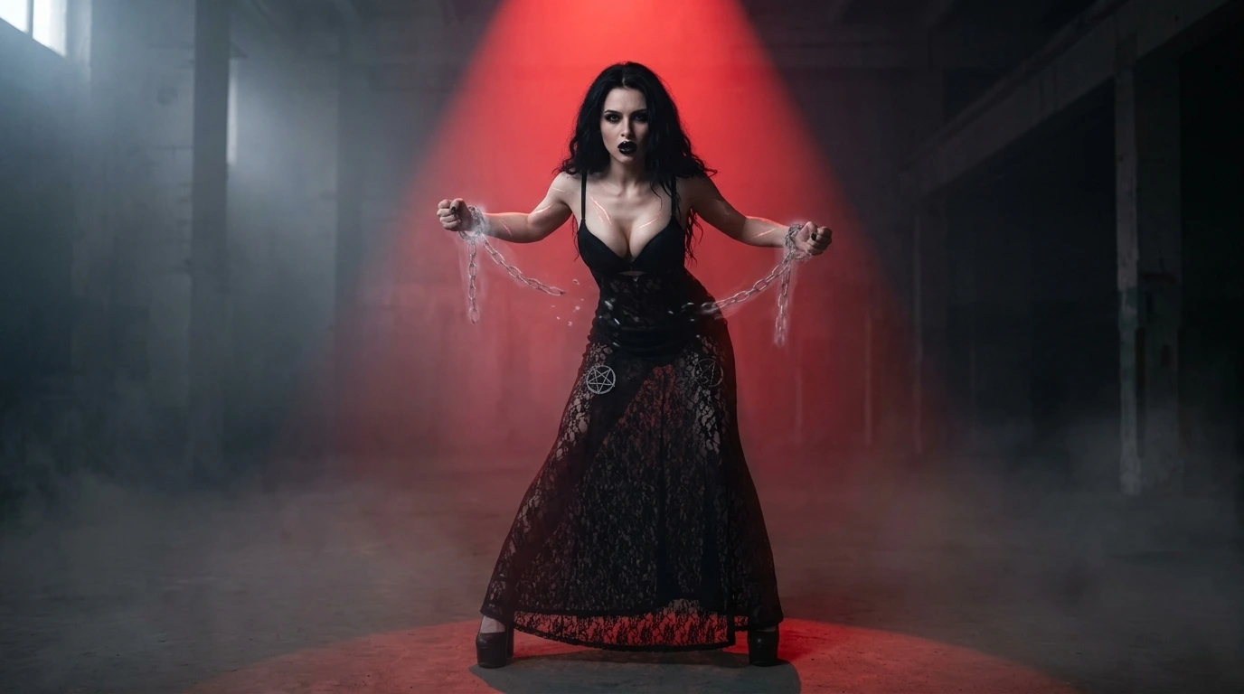 Rise of Lady Macabre transformation: gothic woman breaking chains in empowering shadow ritual