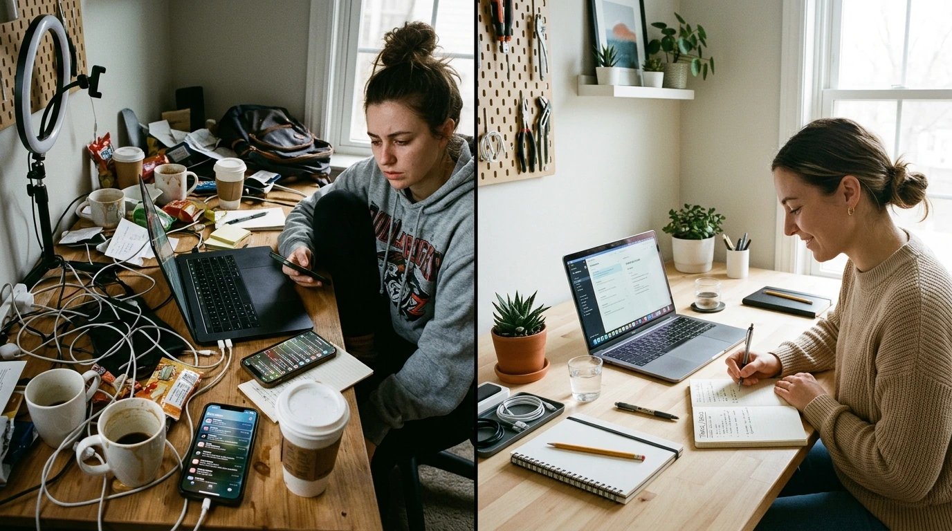 mechanic's logic for emotional self-management highlighting discipline in daily life via organized vs cluttered workspace