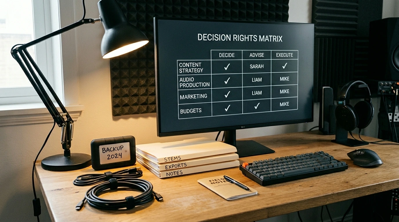 Decision rights matrix for bands shown as a simple decide-advise-execute workflow on a studio monitor