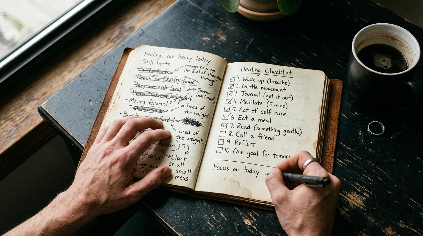 Emotional betrayal recovery steps written in a journal during a quiet healing morning