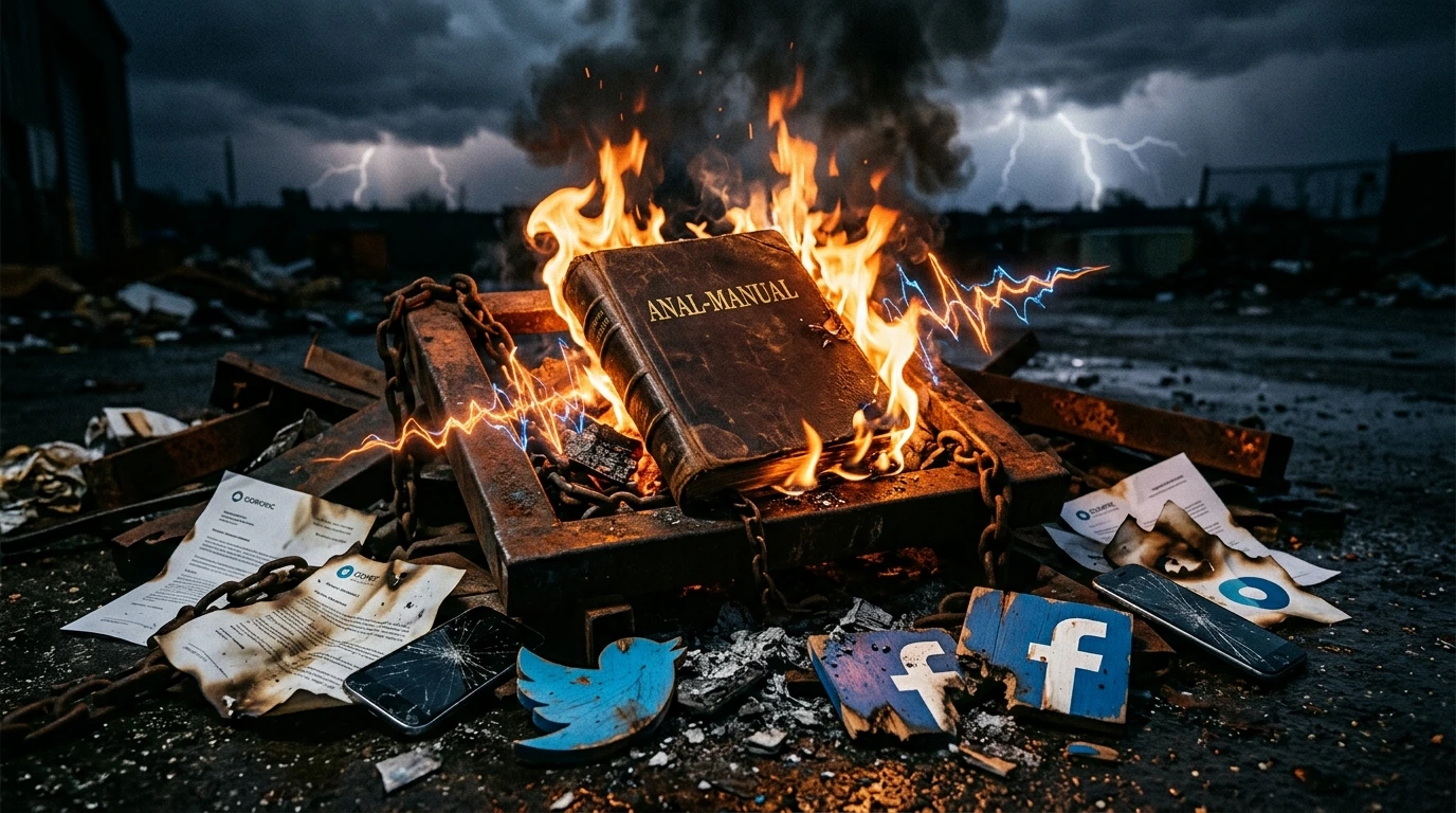 Breaking free from the anal-manual: burning corporate rulebook in fiery personal rebellion scene