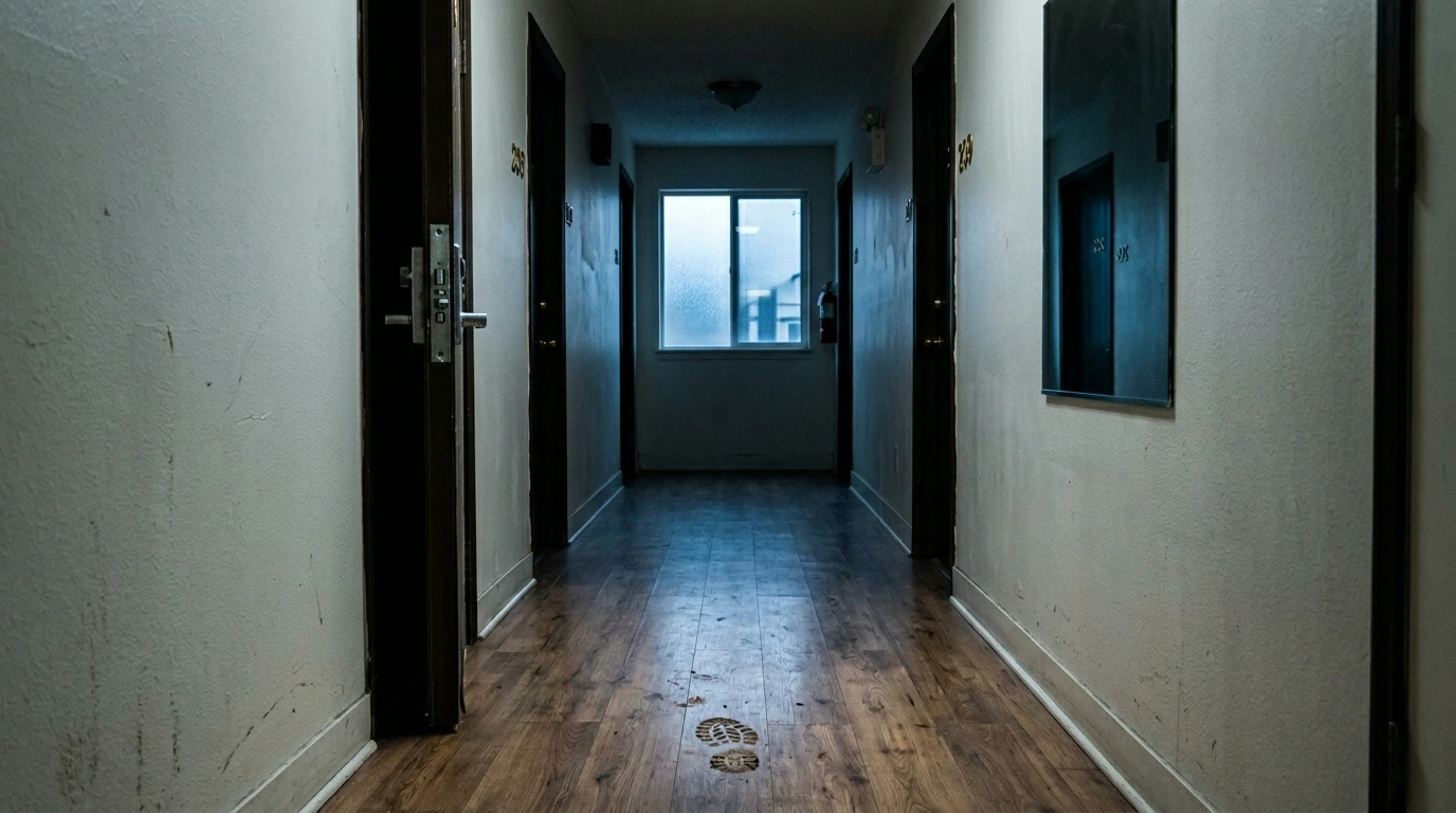 Aftermath of vigilante actions shown as an ajar door, boot print, and distorted mirror in a quiet dawn hallway