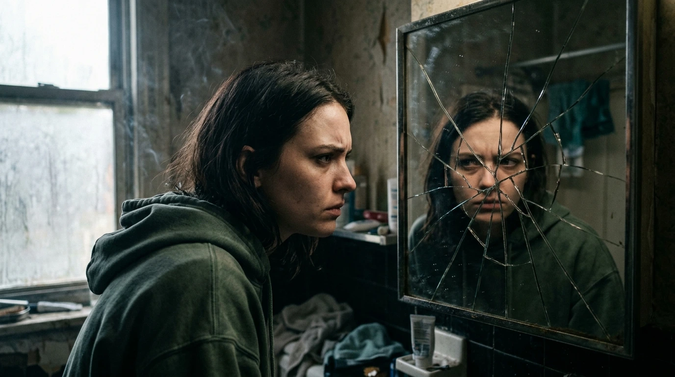 Why people betray the person who helped them shown through a fractured mirror portrait