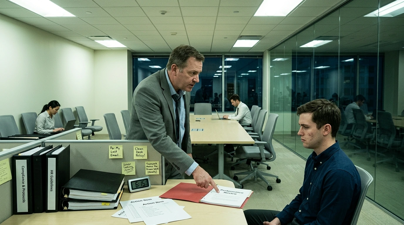 Anal-manual corporate rules crushing individuality during a cold office performance review