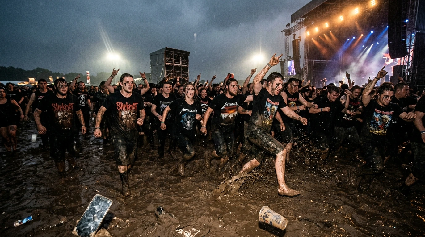 Venomous Sin festival culture rebellion in a rain-soaked mud pit with crowd surge and raw festival energy