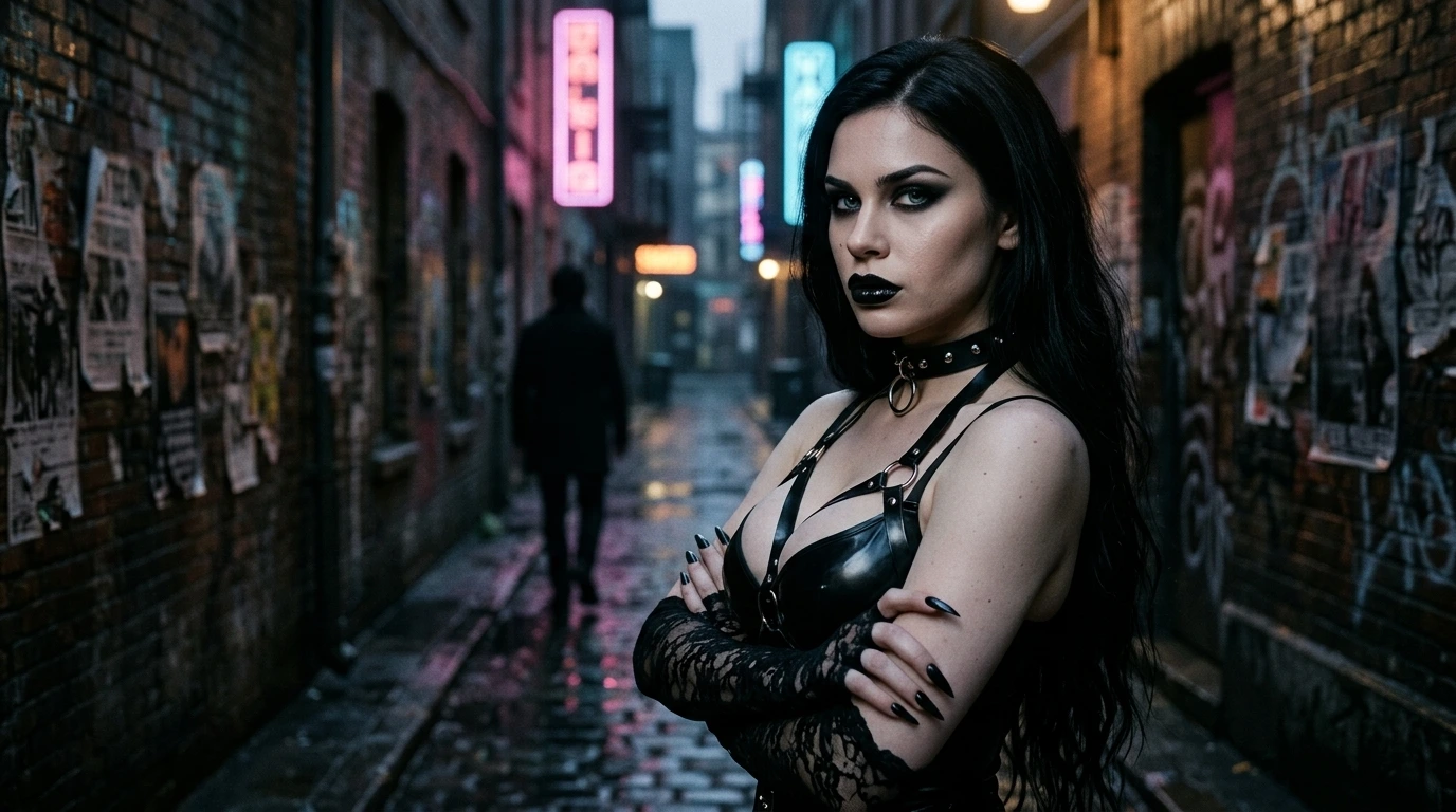 Estranged from father: gothic woman turning away from toxic shadow figure