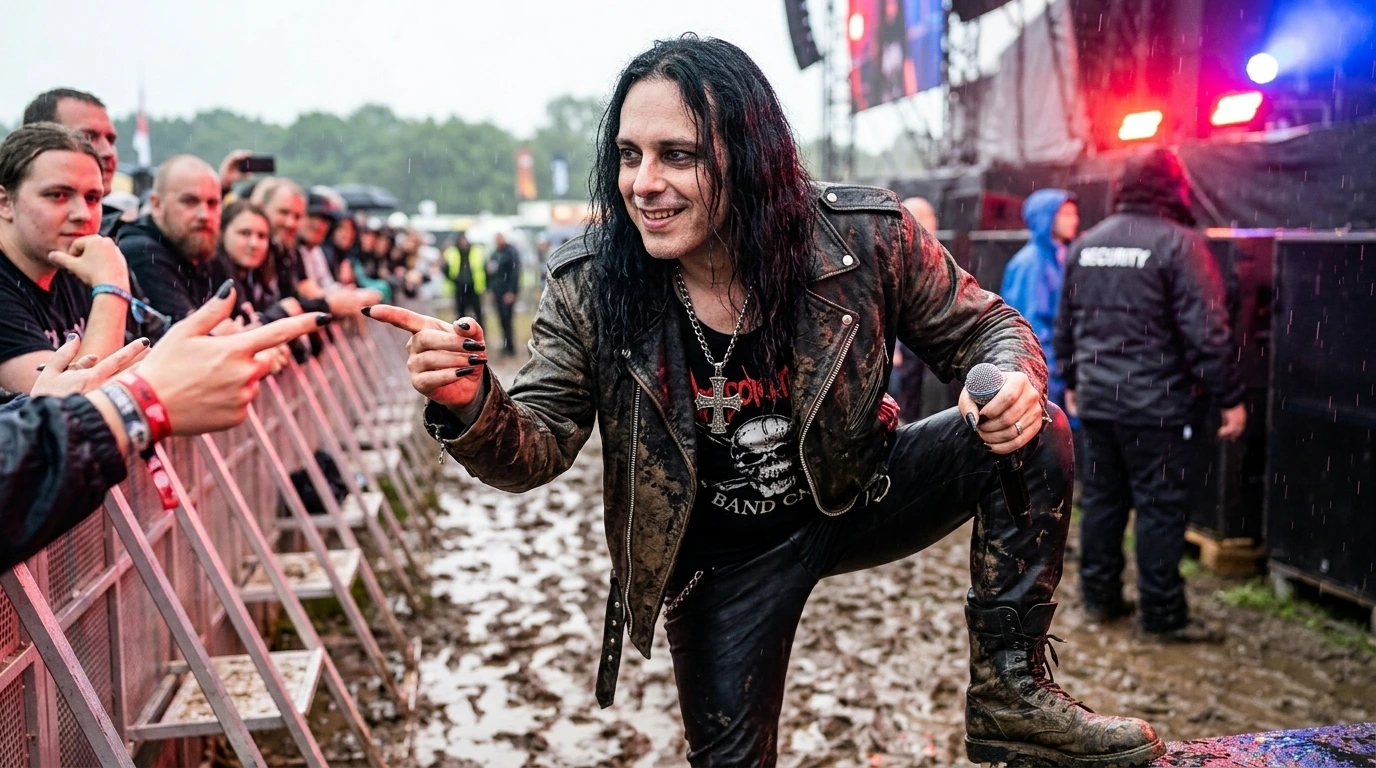 Verified for Mud moment: mud-covered frontman at a stormy metal festival, soaked leather and microphone close-up