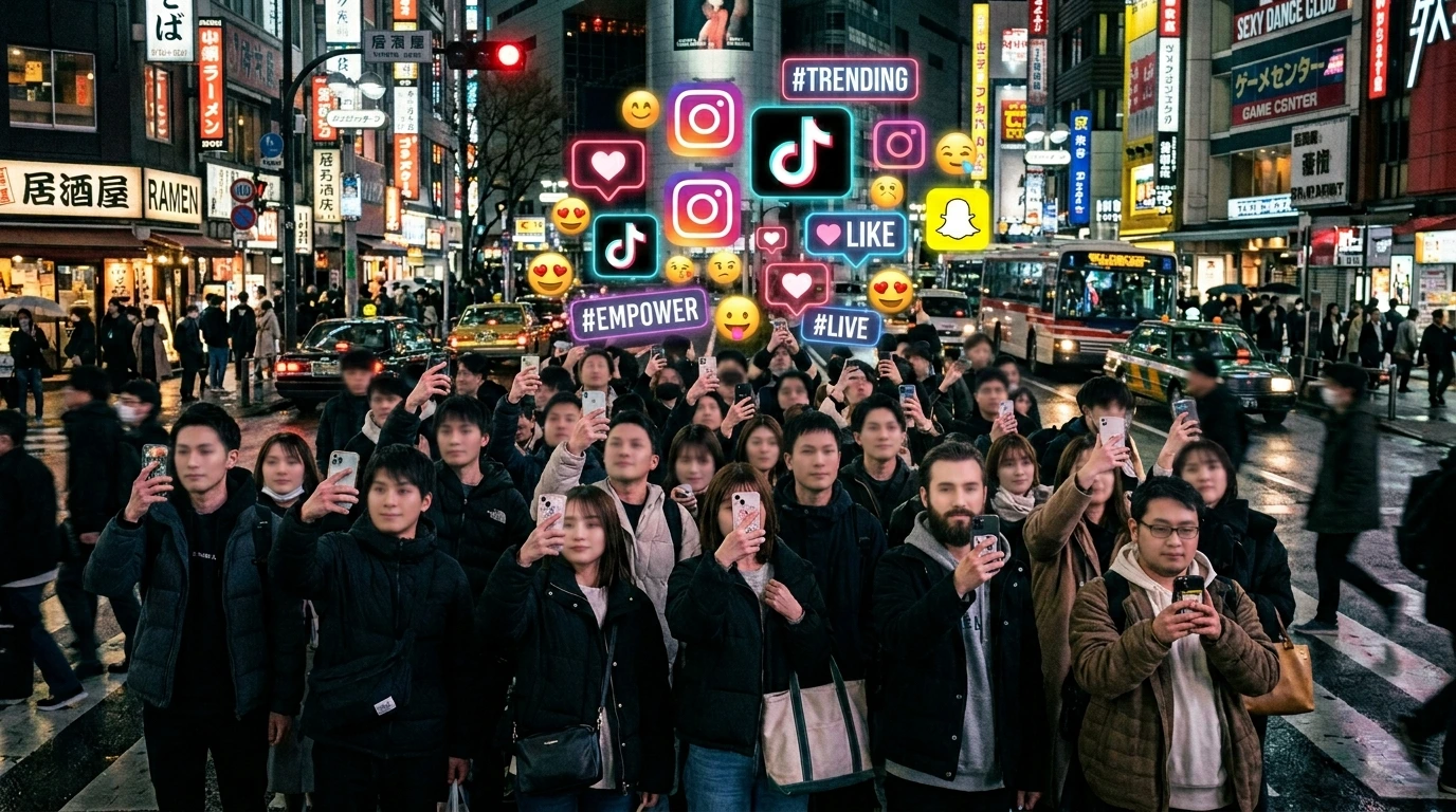 performative empowerment trends depicted as identical filtered faces chasing validation
