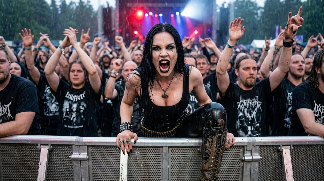 Venomous Sin Declares War scene: gothic vocalist in rain and mud, latex shine, screaming into the storm