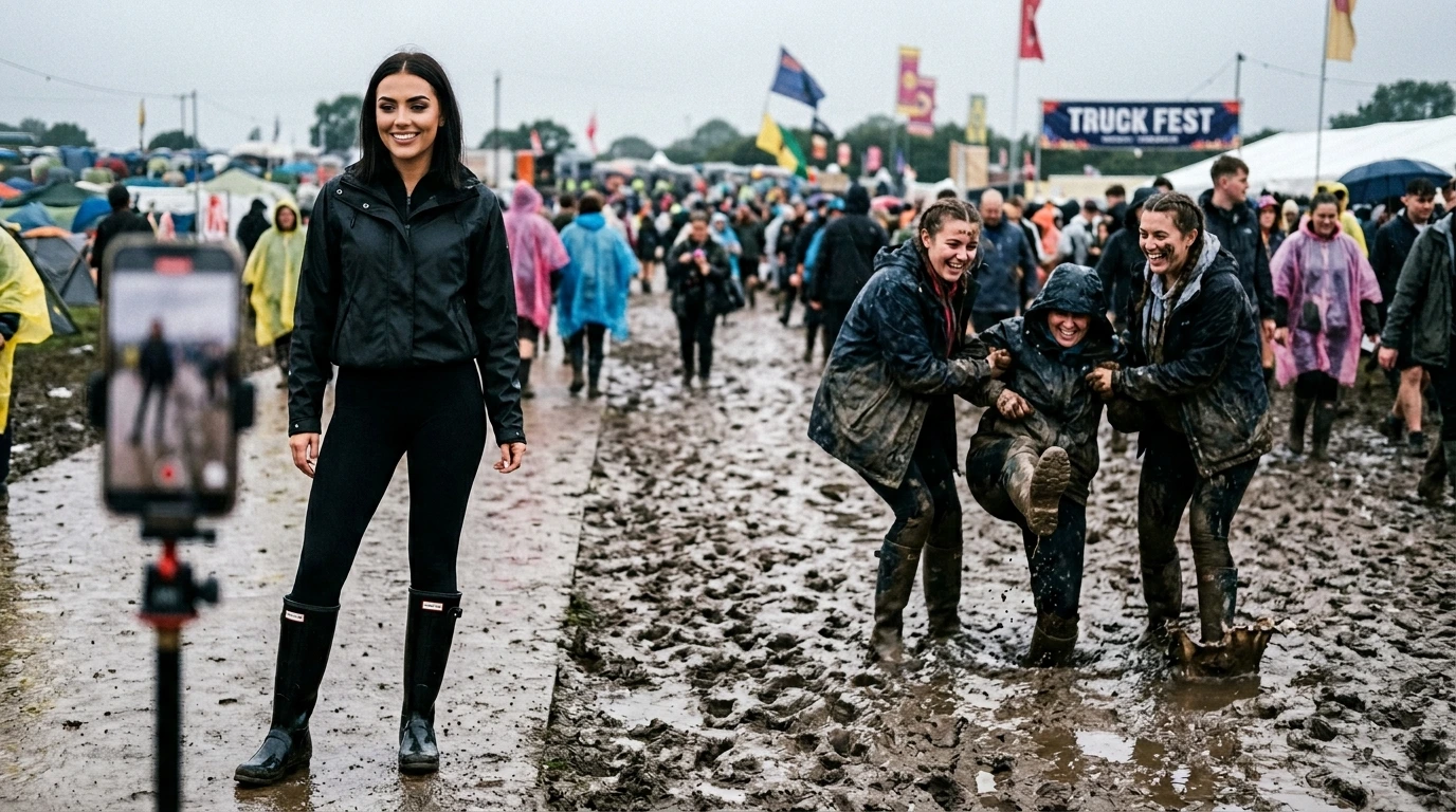 Metal festival influencer critique: pristine selfie setup in front of a muddy crowd helping a fallen stranger
