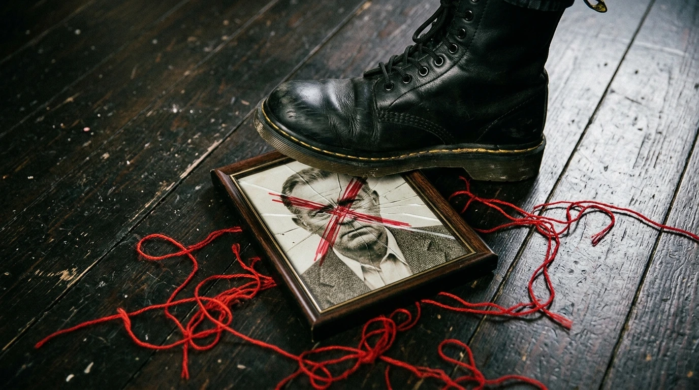 Cutting off toxic parents: boot stomping broken family photo frame