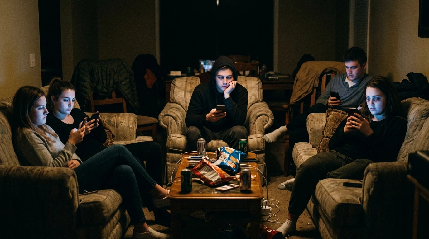 hashtaglobotomized culture illustrated as mindless scrolling in a digital haze