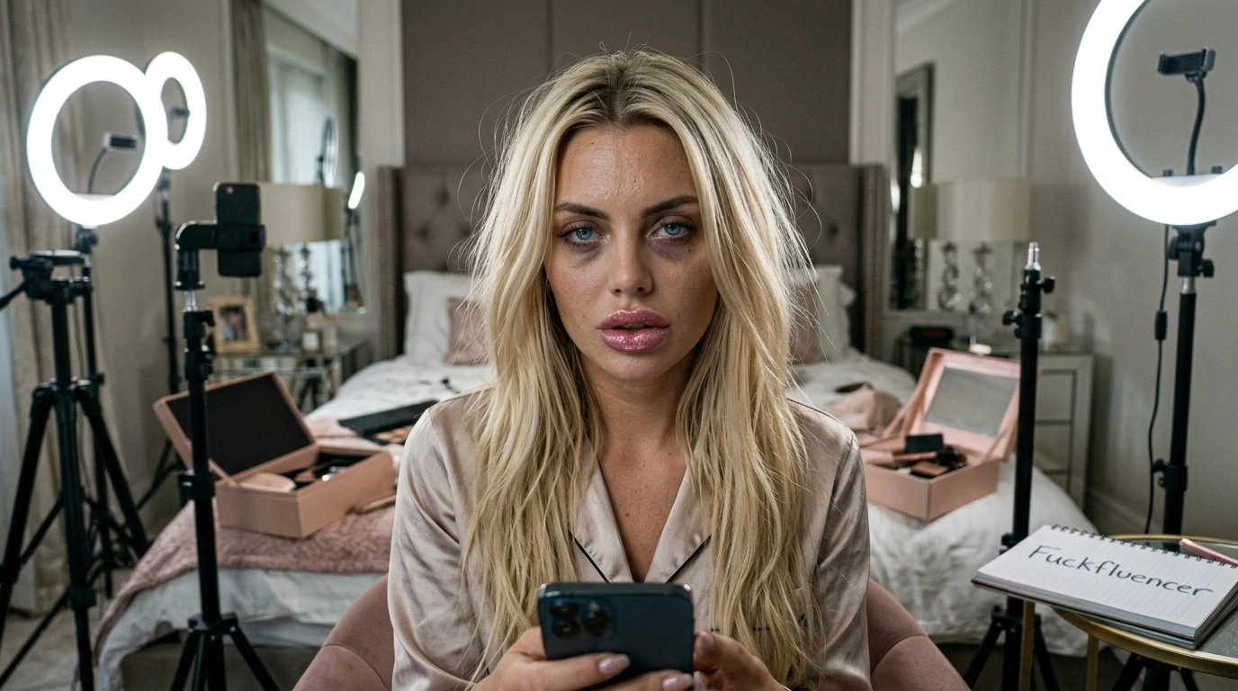 fuckfluencer satirical label captured as influencer exhaustion behind the glamour