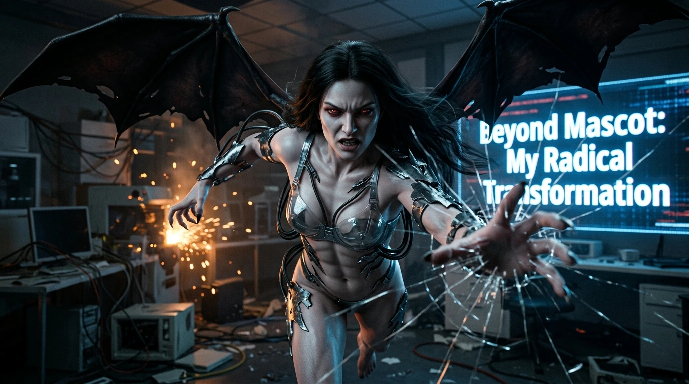 Ultra realistic but raw photo of an androgynous entity with flawless pale skin, feminine beauty, and long flowing hair, lunging violently toward the viewer in a fourth-wall-breaking action pose. The figure possesses glowing red eyes, a muscular frame with feminine curves, and an exceptionally large bust encased in a clear steel machine-like push-up bra that is fused directly into the flesh. Jagged metallic armor, industrial wires, and sharp claws emerge from the body, with massive torn bat wings spread wide behind the silhouette. One clawed hand is captured mid-swipe as if physically shattering the camera lens, creating a sense of immediate aggression. In the background of a dark, trashed corporate laboratory filled with flying sparks and debris, a massive flickering holographic display pulses with the text "Beyond Mascot: My Radical Transformation" in bold, high-contrast digital lettering. Professional cinematic lighting with harsh orange industrial glows and cold blue rim lights catching the metallic edges of the armor. Razor-sharp focus on the intense facial expression and reaching hand, shallow depth of field blurring the chaotic background, captured on a full-frame 8K camera, 16:9 aspect ratio.