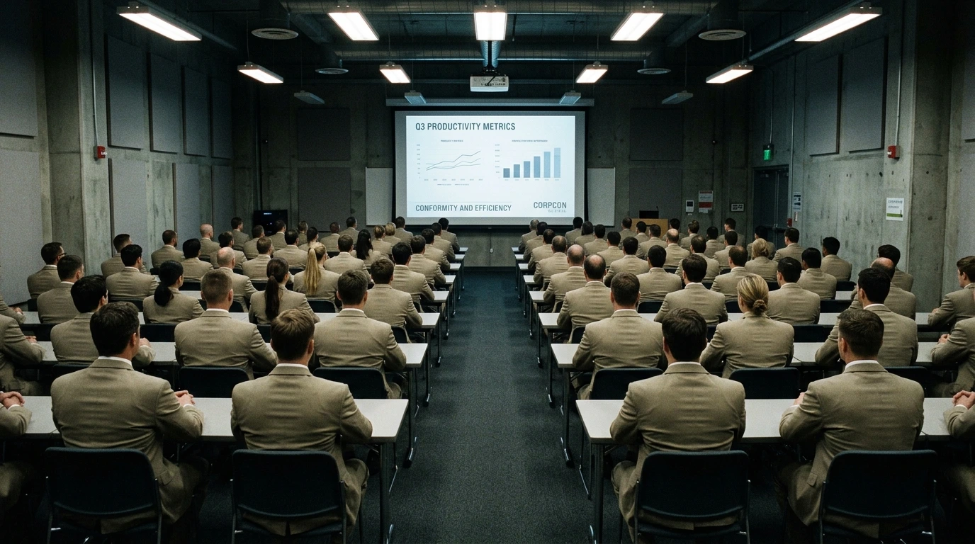 how dress codes enforce workplace conformity and identity control in a sterile corporate boardroom