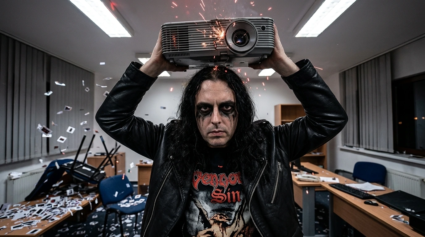 Crushing corporate theater rebellion: Venomous Sin frontman smashes a projector in a sterile office