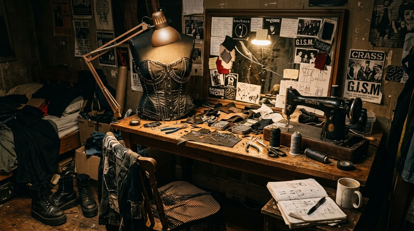 DIY alternative fashion culture — handmade gothic corset and leather crafting on a cluttered underground creator's workbench