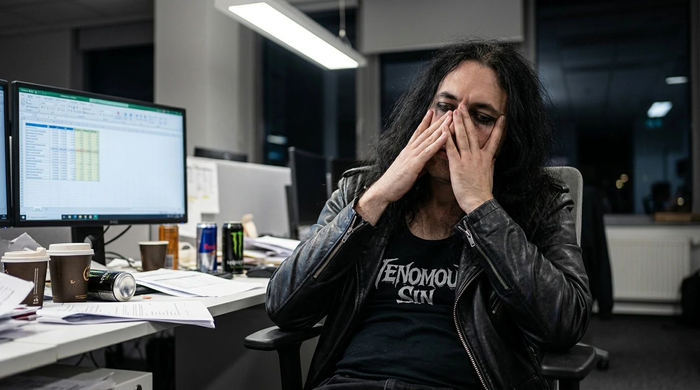 Office drone burnout: a metalhead overwhelmed by fluorescent lights and spreadsheets