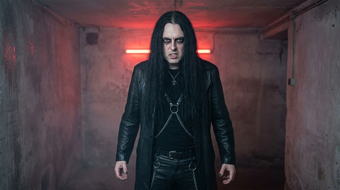 A dark basement venue scene capturing the raw energy of underground metal scenes.