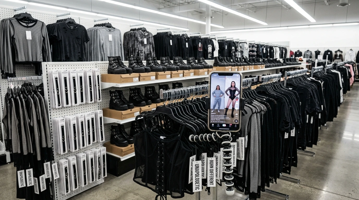 Alt-inspired fast fashion brands selling mass-produced gothic corsets and fishnets in a sterile retail environment