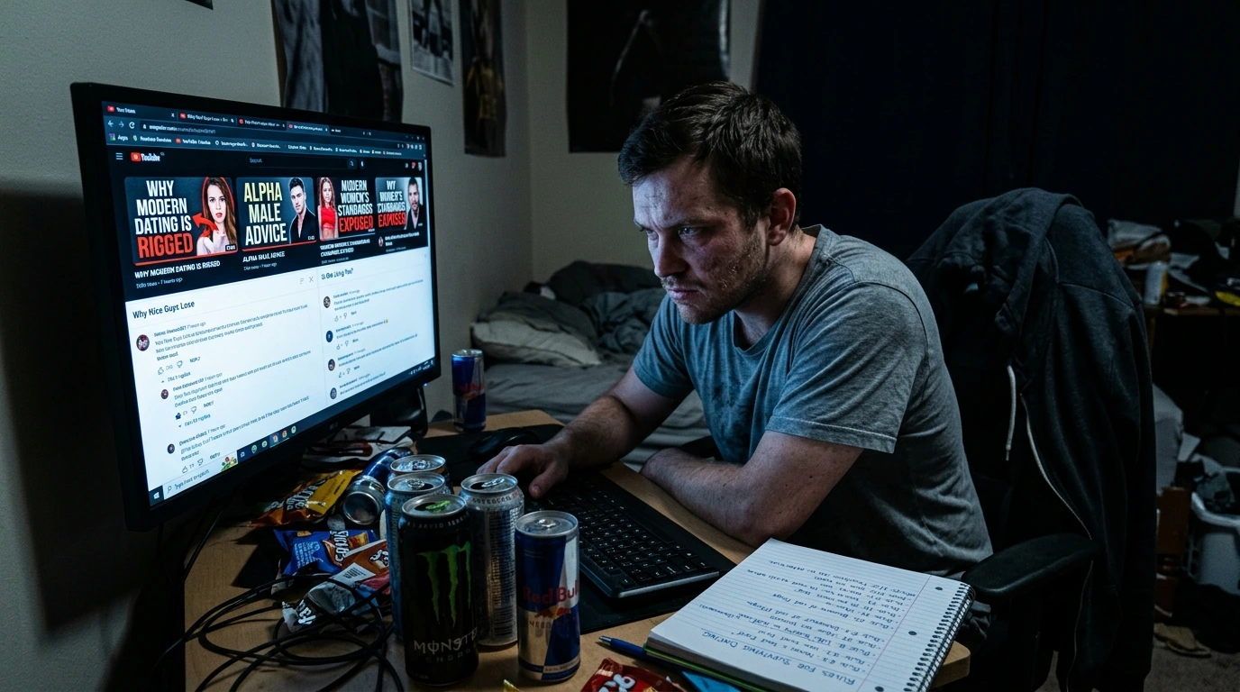 Victim mentality in modern dating portrayed by a man consumed by rage-bait forums and self-pity at a late-night desk