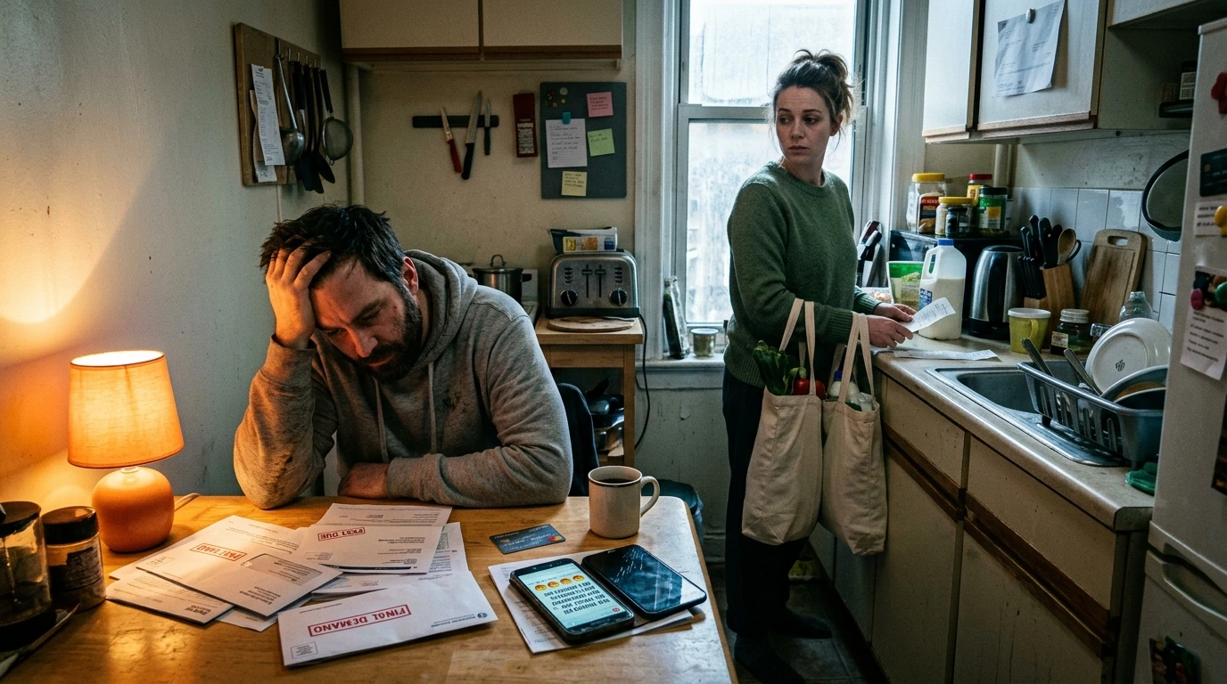 Men blaming women for financial insecurity shown through overdue bills, resentment, and domestic tension in a realistic apartment