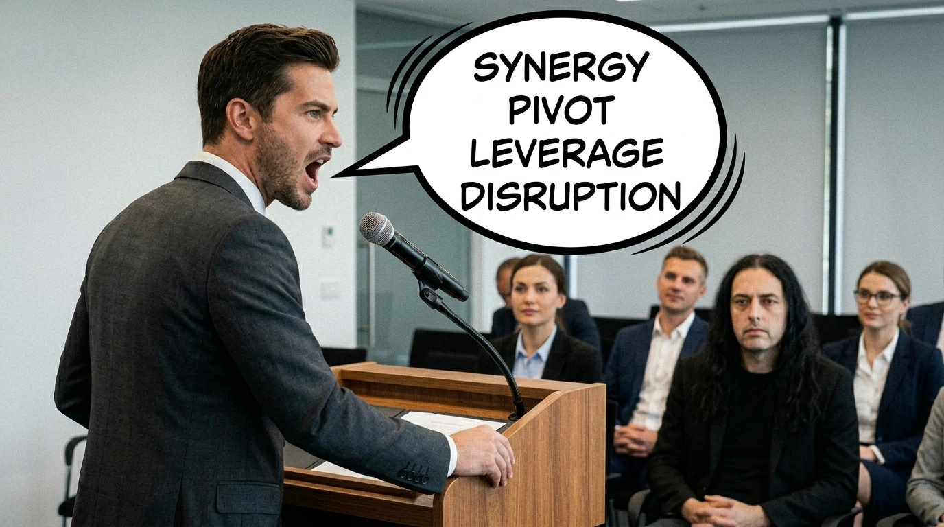 Corporate buzzword priests exposed: a slick speaker spouts meaningless jargon to an unimpressed audience