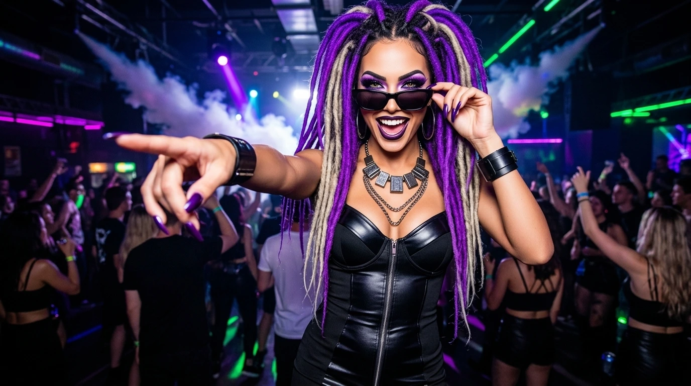 Cybergoth Nyx Luna queen at club dancing