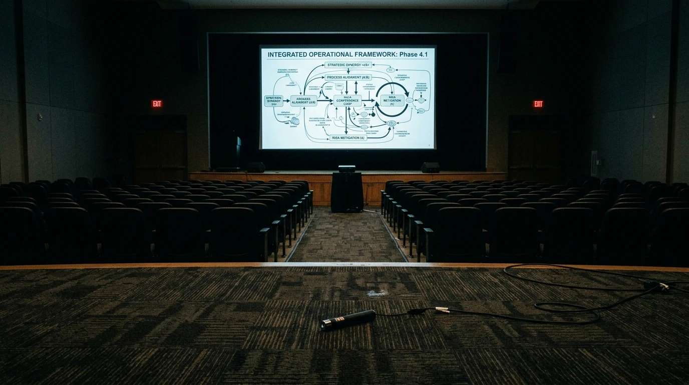 PowerPoint presentation theater: an empty auditorium lit only by a meaningless corporate slide