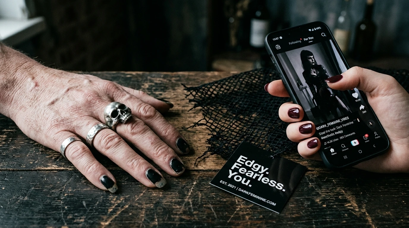 Identity vs aesthetic consumption — authentic alternative hand with black nails beside influencer holding fast fashion brand tag