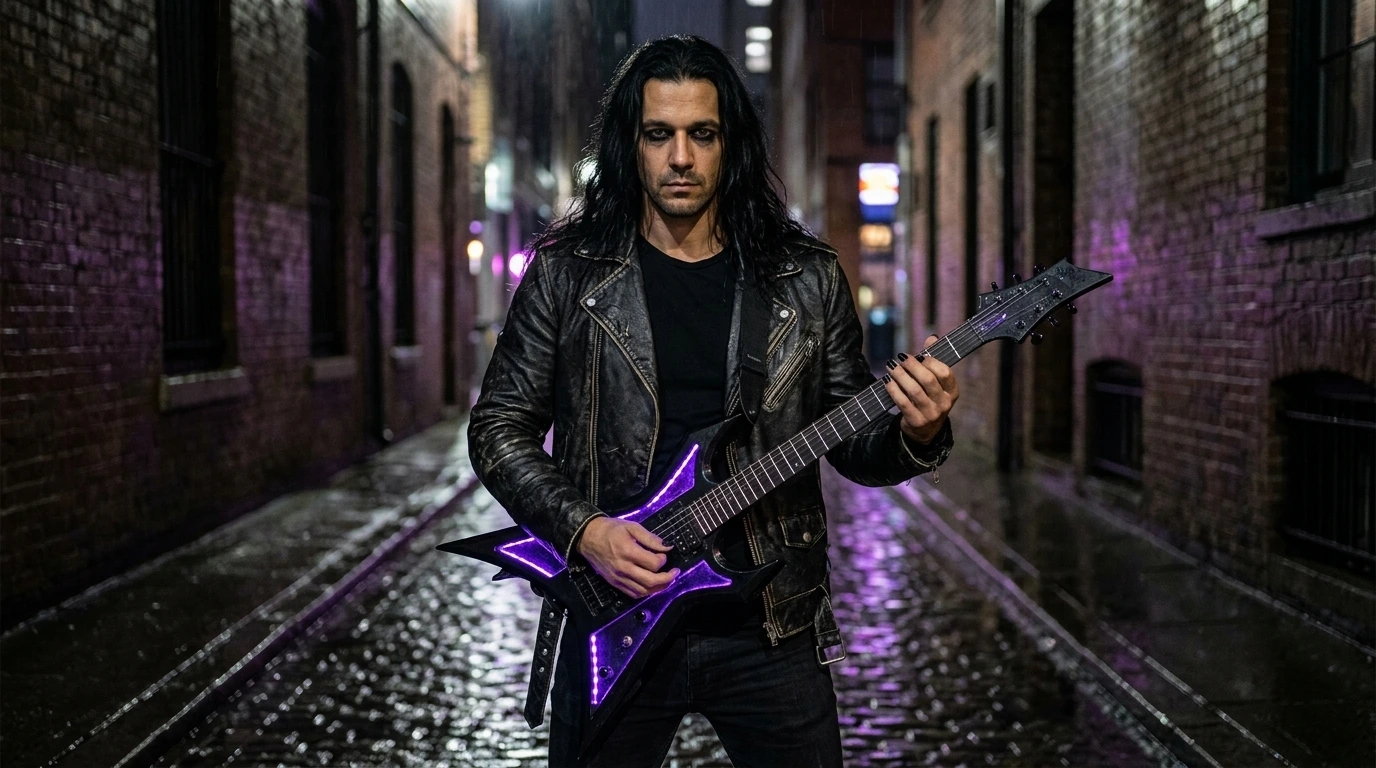 A metalhead rocker man in a rain-slicked alleyway showcasing metal genre hybridization.