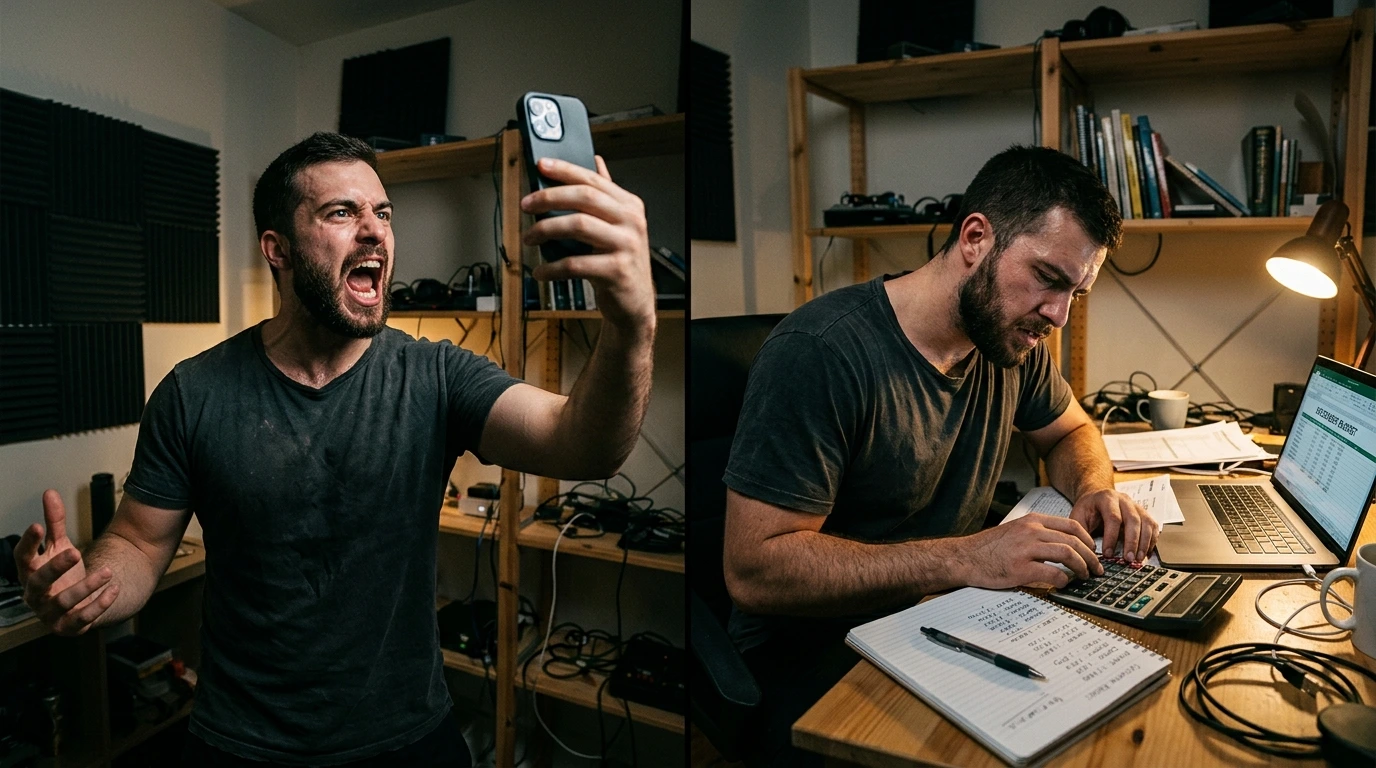 Toxic online masculinity shown as a performative rant versus real-life budgeting and accountability in the same room