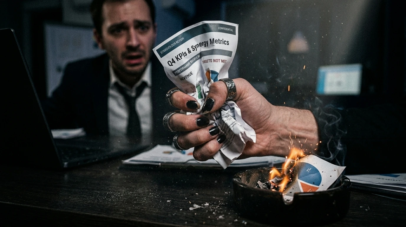 Toxic corporate culture critique: a hand crumpling a KPI report as charts burn