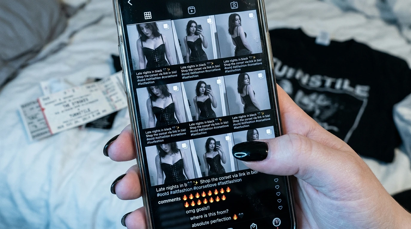 Influencer alternative aesthetics — curated social media grid of identical fast fashion gothic outfits on a smartphone screen