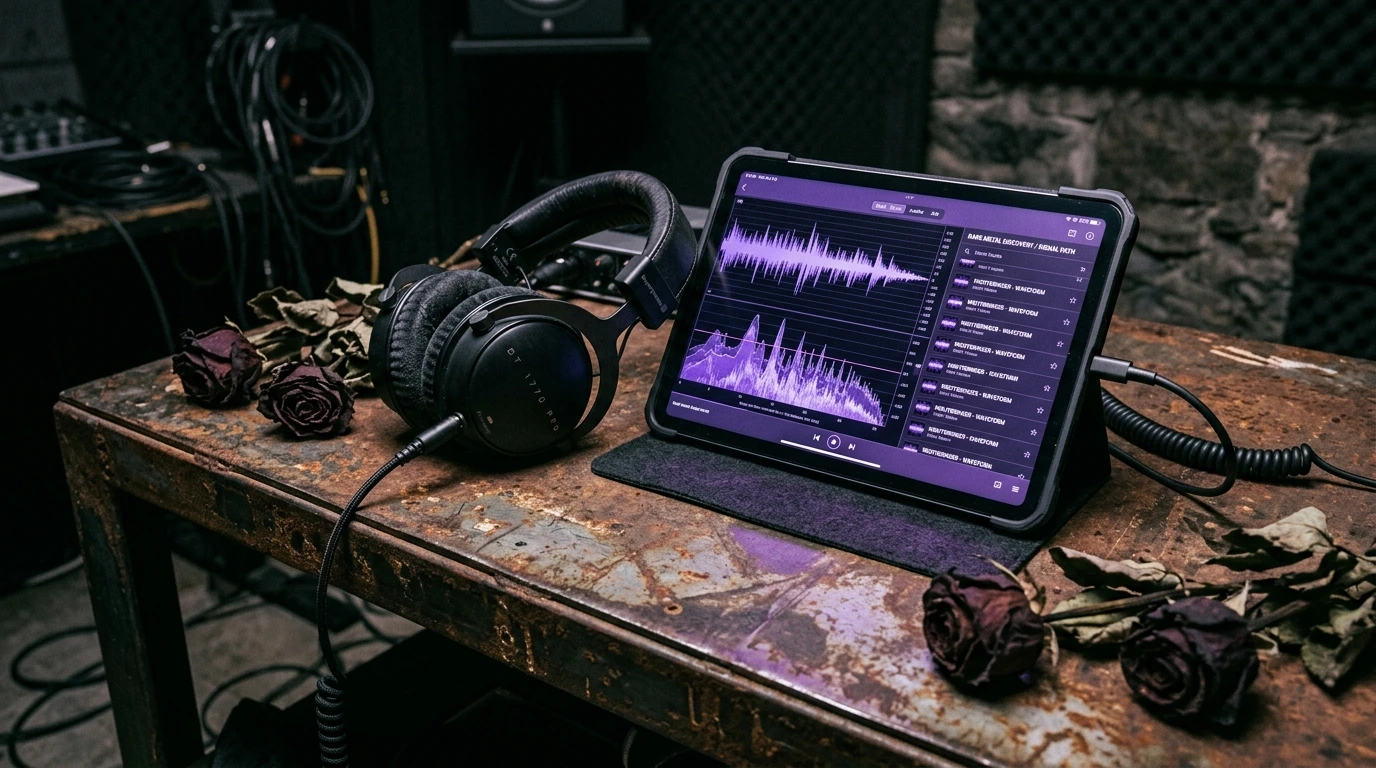 A professional photograph of futuristic tech and dark aesthetics for metal discovery habits.