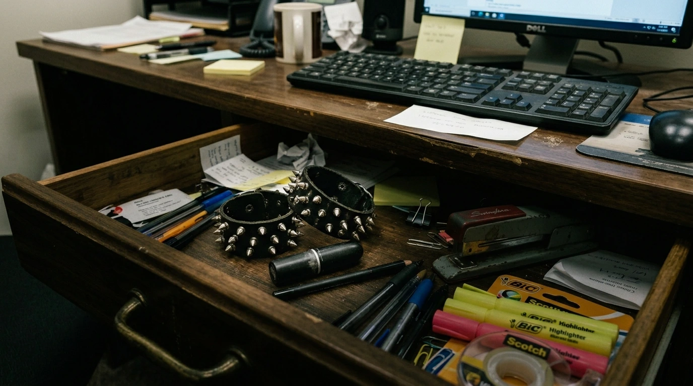 resisting corporate conformity by hiding alternative accessories in an office drawer
