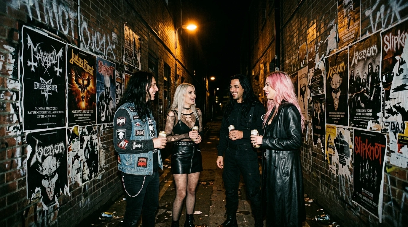 Social media commodification of rebellion — real alternative people in authentic underground scene outside metal venue at night