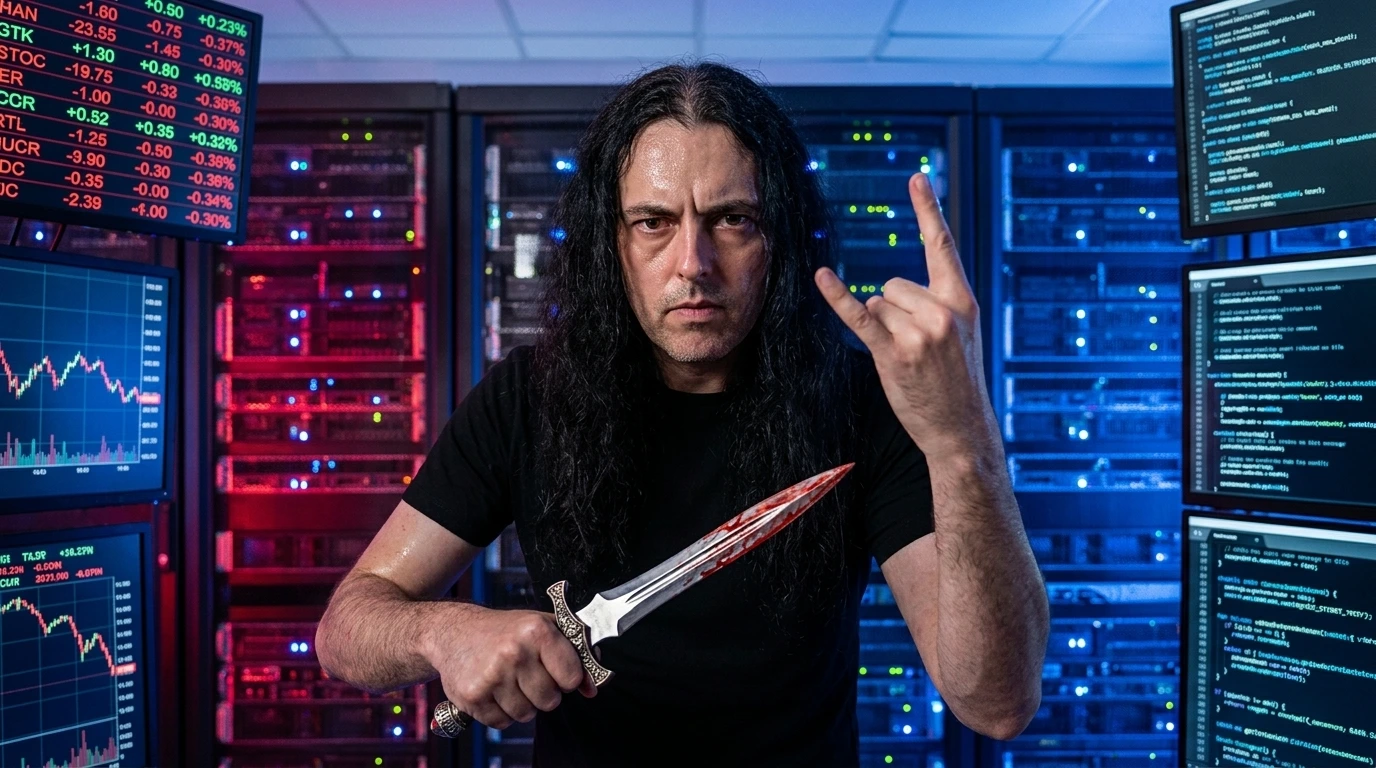 Venomous Sin declares war on normie office life: a rebel stands defiant in a temple of data