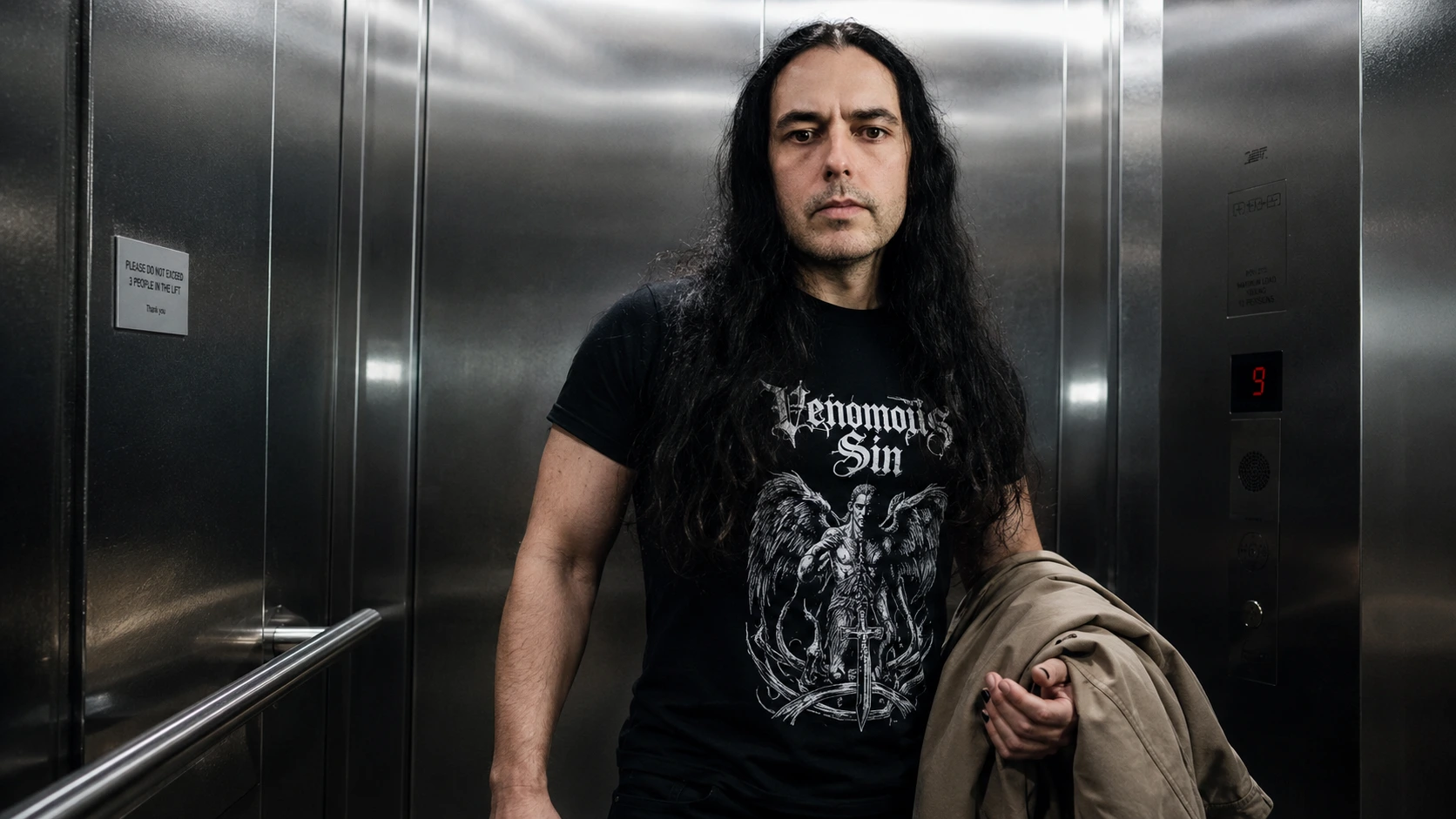 Venomous Sin Declares War mindset revealed under corporate attire in an elevator