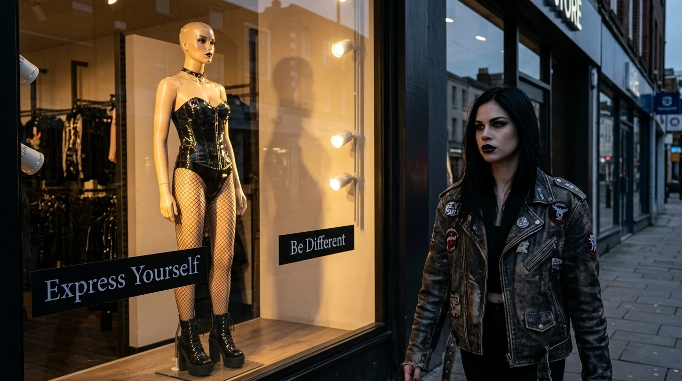Fake alternative brands — mass-produced mannequin in store window reflecting real authentic alternative woman on the street outside