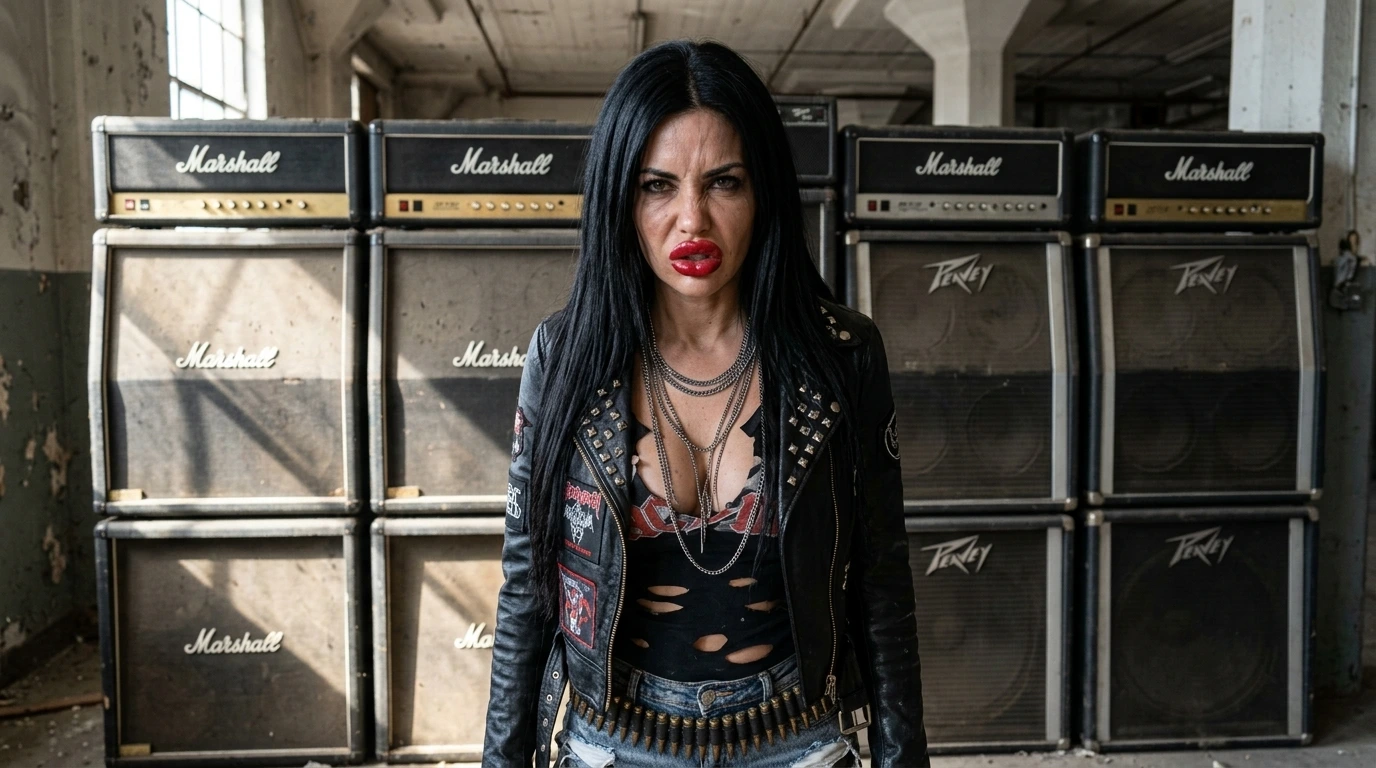A fierce female metalhead standing by an amp stack for metal subgenres diversification.