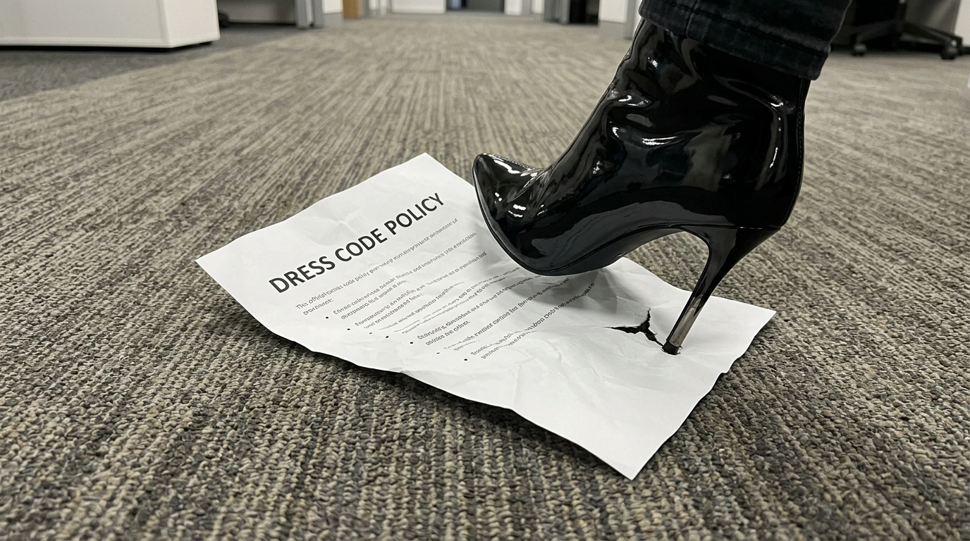 corporate beige conformity policy document rejected and pierced by a PVC boot